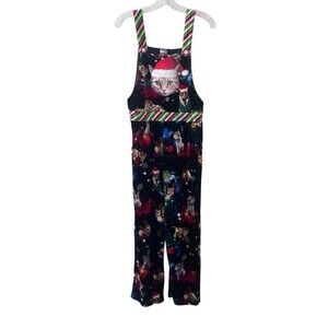 EUC Christmas Santa Cat Velvet Overalls Ugly Jumper Jumpsuit Pants Size Small